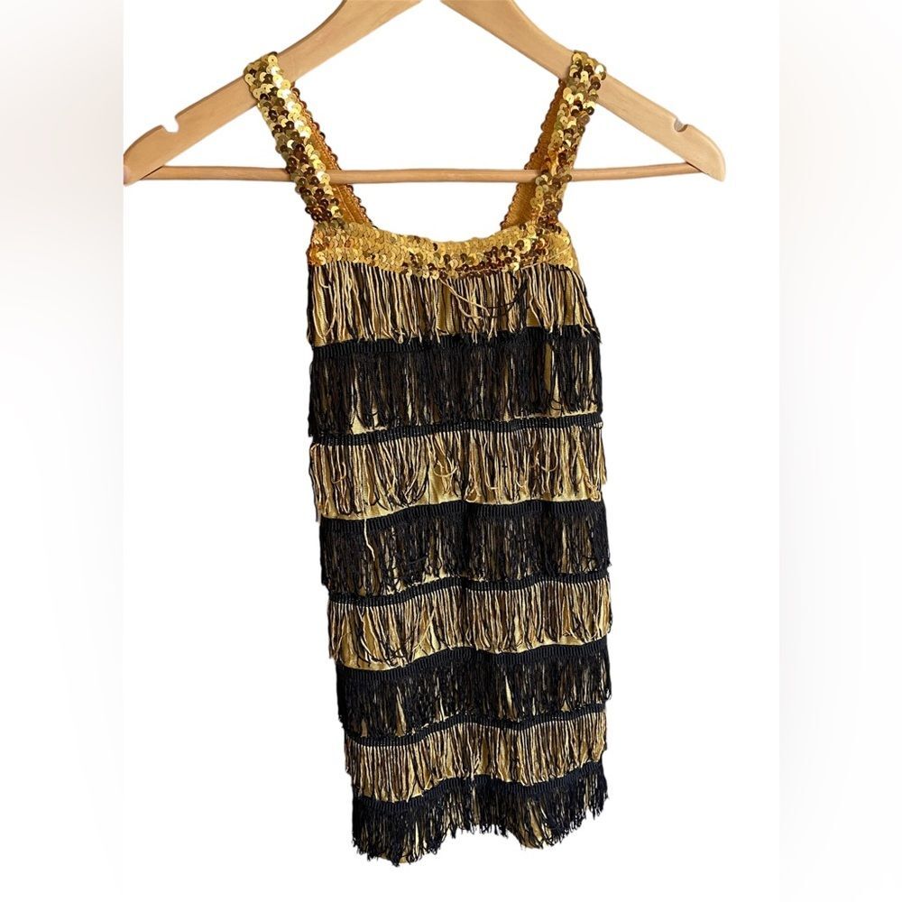 Shimmery yellow black frayed diva sequin dress bumblebee costume, M, barely used